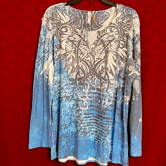 Kiara long-sleeve split neck tattoo inspired top Sz XXL - Picture 2 of 9